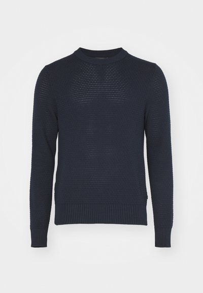 Marineblauer Strickpullover mit strukturiertem Gewebe, rundem Ausschnitt und gerippten Bündchen sowie Saum. Hat ein leichtes, atmungsaktives Design.