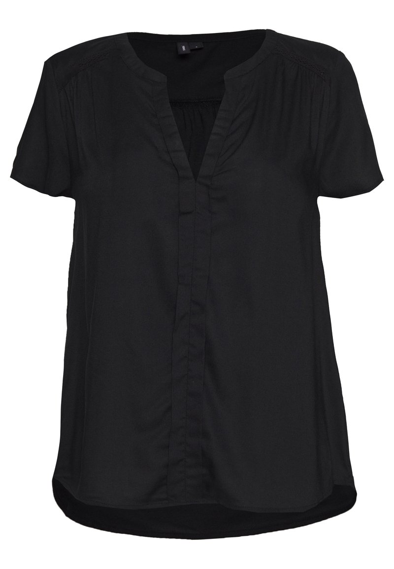 Blouse noire à manches courtes en tissu léger, avec un col en V, des détails plissés et un ourlet arrondi.