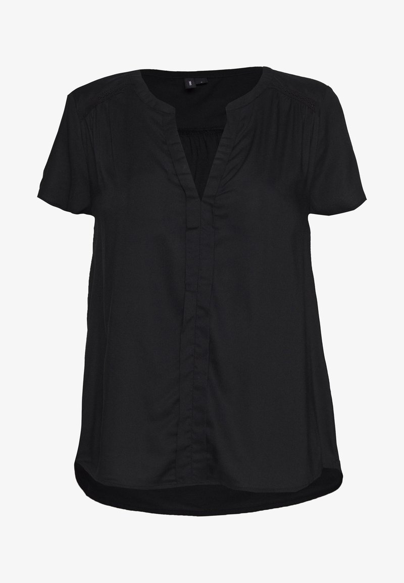 Blouse noire à manches courtes en tissu léger, avec un col en V, des détails plissés et un ourlet arrondi.