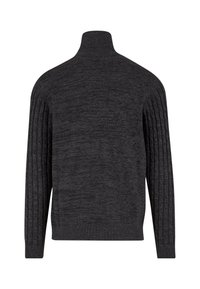 Mørk grå sweater med høj hals, med ribbet struktur på ærmerne og glat krop. Strikket stof designet til varme og komfort.