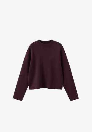 Suéter de punto burdeos con diseño cropped, cuello redondo acanalado y mangas largas. Textura suave y ajuste relajado, detalles mínimos.