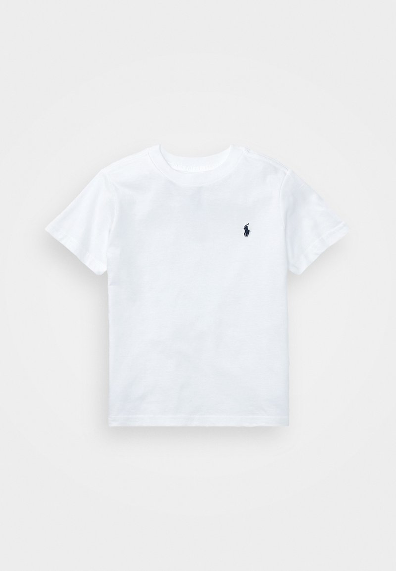 T-shirt blanc en coton à manches courtes, col rond, avec un petit logo marine sur la poitrine gauche. Texture lisse, coupe standard.