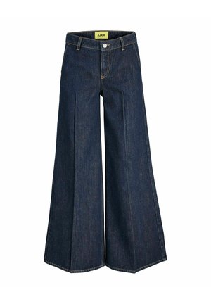 Donkerblauwe wijde denim jeans met hoge taille, sluiting met knop aan de voorkant, riemlussen en zichtbare plooien aan de voorkant.