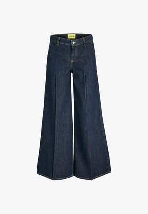Dunkelblaue, weit geschnittene Denim-Jeans mit hoher Taille, vorderer Knopfverschluss, Gürtelschlaufen und sichtbaren vorderen Falten.