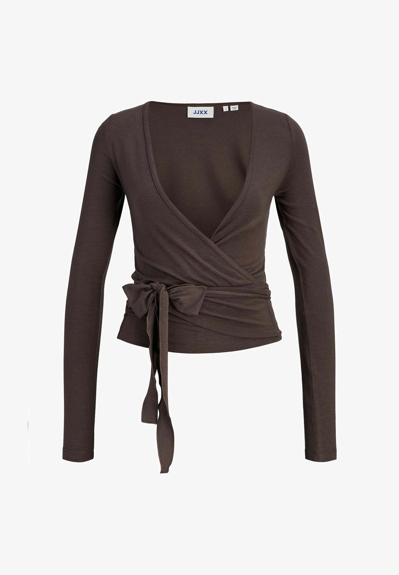 Καφέ μακρυμάνικο τοπ με ζακέτα και βαθύ V-λαιμόκοψη, με μπροστινές λεπτομέρειες δέσιμο στη μέση. Φτιαγμένο από απαλό, ελαστικό ύφασμα.