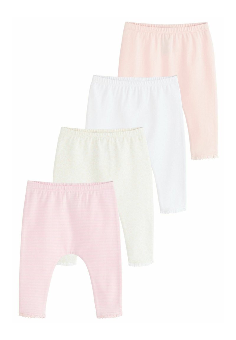 Quatre paires de leggings pour bébé en rose clair, blanc et un blanc à motifs pâles. Chacun a une taille élastique et un ourlet volanté.
