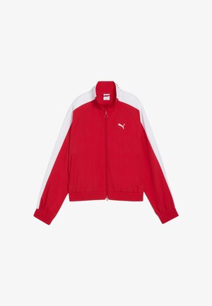 Rode trackjack met witte accenten, rits aan de voorkant, elastische manchetten en Puma-logo. Het heeft een zachte, lichte stof met een sportief ontwerp.
