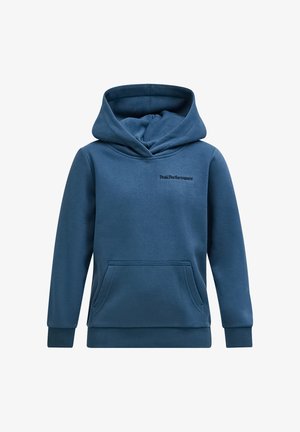 Blauwe hoodie gemaakt van zachte stof, met een kangoeroezak, geribbelde mouwen en een klein geborduurd logo op de borst.