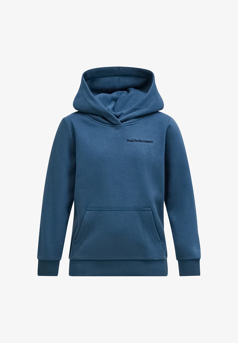 Blauer Kapuzenpullover aus weichem Stoff, mit Kängurutasche, gerippten Bündchen und einem kleinen gestickten Logo auf der Brust.