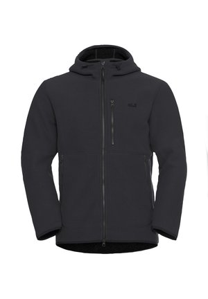 Schwarze, gerippte Fleecejacke mit einem Reißverschluss vorne, zwei Seitentaschen und einer mit Reißverschluss versehenen Brusttasche. Sie verfügt über eine Kapuze und ein weiches Innenfutter.