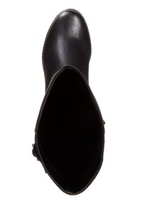 Bottine en cuir noir avec une finition lisse, bout rond et semelle texturée. L'intérieur est doux et sans quincaillerie visible.