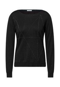 Svart tröja med långa ärmar, med ett geometriskt mönster skapat av små prickiga accenter. Mjuk textur och rundad halsringning.