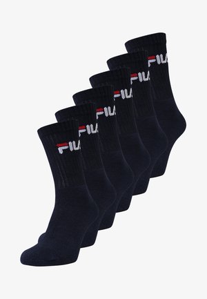Navy crew socks in a five-pack, made from a soft, stretchy material, featuring a logo in white with red accents on the cuff.
