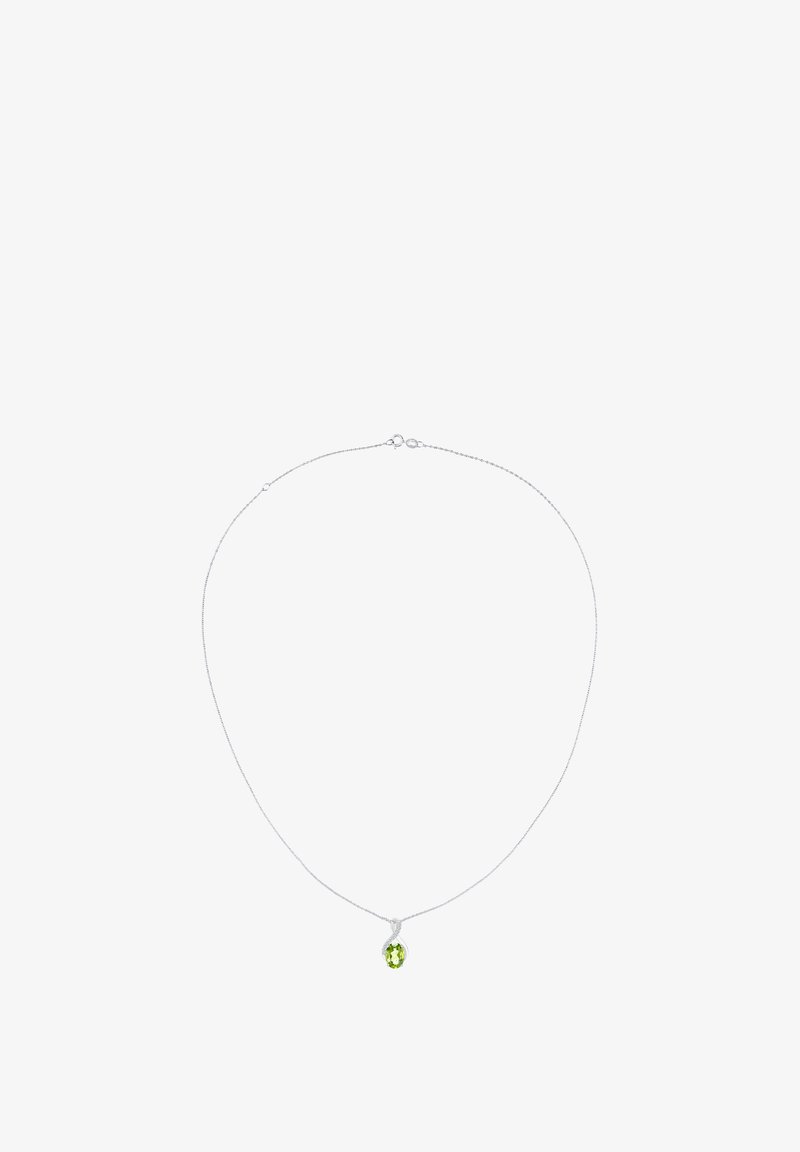 Sølv kædedesign med en delikat, grøn halskædependant, der har dråbeform og glat finish. Minimalistisk design.