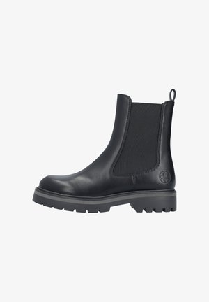 Black leather Chelsea boot with elastic side panels, round toe, and a rugged rubber sole featuring a textured tread pattern.