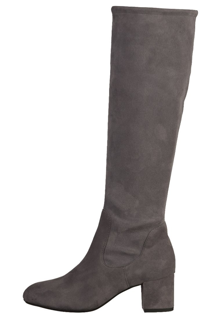Gray over-the-knee boots made of soft suede, featuring a block heel and a smooth surface with minimal stitching and seams.