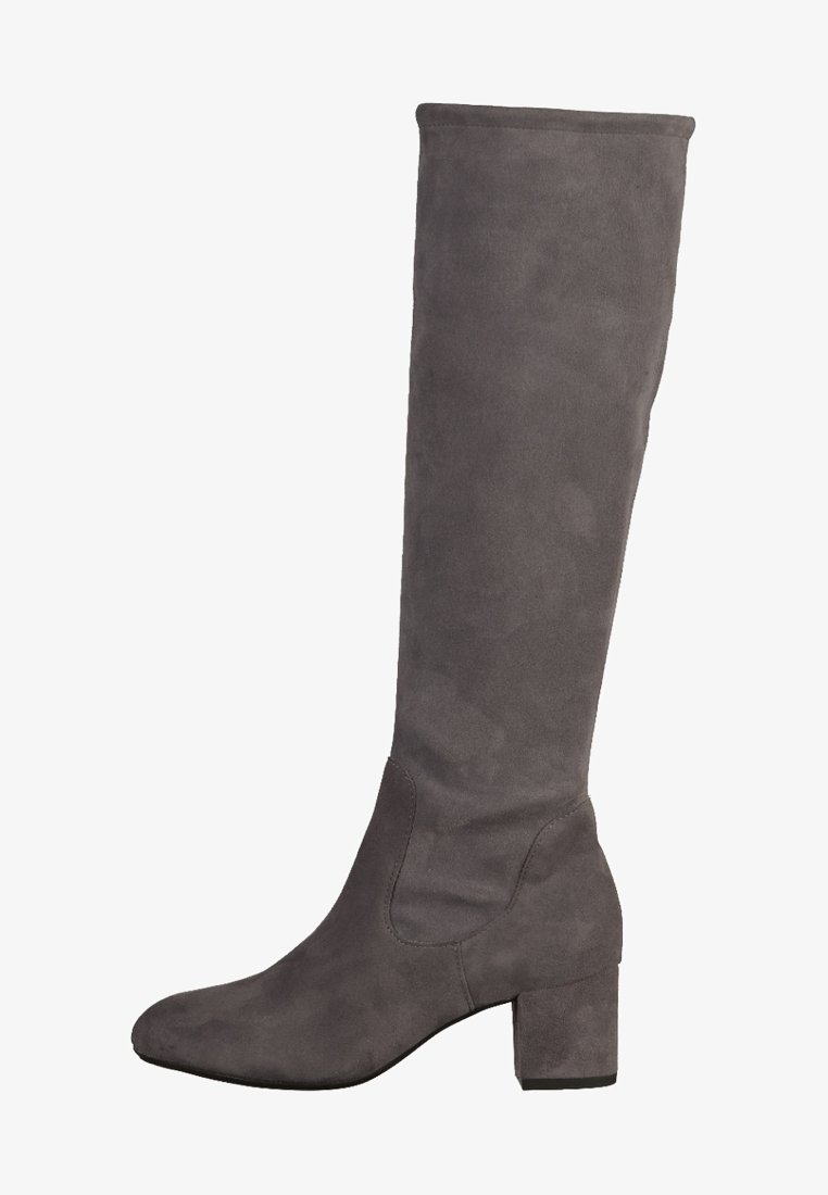 Gray over-the-knee boots made of soft suede, featuring a block heel and a smooth surface with minimal stitching and seams.