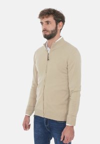 Uomo con barba che indossa un maglione beige con zip sopra una camicia bianca e jeans blu, in piedi su uno sfondo chiaro e semplice.