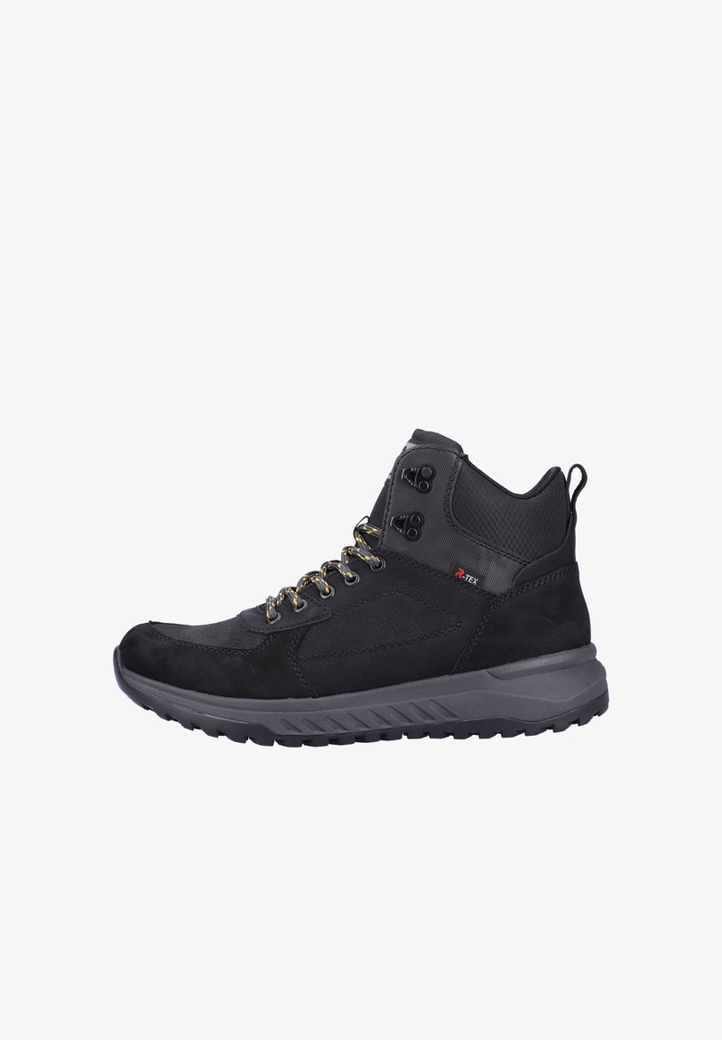Schwarze Wanderschuhe aus Wildleder und synthetischem Material mit gepolstertem Knöchel, metallischen Ösen und einer strukturierten Gummisohle.