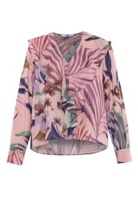 Blouse à manches longues en rose pastel avec des motifs floraux. Présente un col à volants et un devant froncé, un tissu lisse et des poignets à boutons.