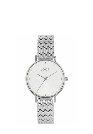 Silver JOOP! wristwatch with a white textured dial, minimalist markers, and an embossed metal link band.