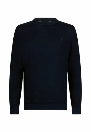 Dunkelblauer Pullover mit Rundhalsausschnitt und langen Ärmeln, einem kleinen gestickten Logo auf der linken Brust sowie gerippten Bündchen und Saum.