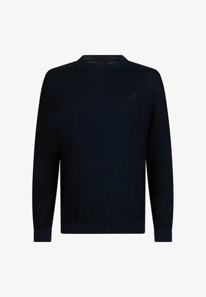 Dunkelblauer Pullover mit Rundhalsausschnitt und langen Ärmeln, einem kleinen gestickten Logo auf der linken Brust sowie gerippten Bündchen und Saum.