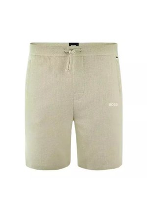 Beżowe bawełniane szorty z teksturowanej tkaniny. Posiadają elastyczny pas ze sznurkiem, бокowe kieszenie oraz białe logo "BOSS".