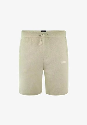 Beige Baumwollshorts mit strukturiertem Stoff. Verfügt über einen elastischen Bund mit Kordelzug, Seitentaschen und dem "BOSS"-Logo in Weiß.