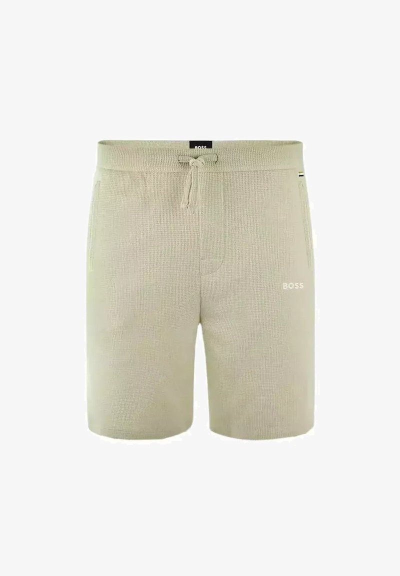 Shorts en coton beige avec un tissu texturé. Présente une taille élastique avec cordon de serrage, des poches latérales et le logo "BOSS" en blanc.