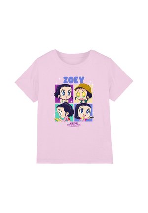 Light purple T-shirt with four colorful cartoon faces of a girl named Zoey, showing different expressions and activities, labeled "Kpop Demon Hunters."
