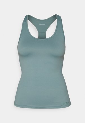 Light teal tank top with a racerback design. Smooth texture and fitted shape. Features minimal branding on the hem.