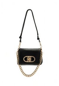 Black leather handbag with a textured finish, oval gold accent clasp, and a detachable chain strap. Rectangular shape with smooth edges.