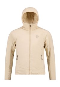 Giacca leggera beige con cappuccio aderente, chiusura zip, due tasche laterali e un logo discreto sul petto. Tessuto liscio e testurizzato.