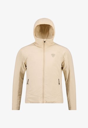 Beige leichte Jacke mit einer taillierten Kapuze, durchgehendem Reißverschluss, zwei Seitentaschen und einem dezenten Logo auf der Brust. Glattes, strukturiertes Material.
