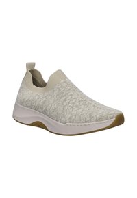 Jasno beżowy, dzianinowy but wsuwany z teksturowaną górą, elastycznym kołnierzem i wyściełaną białą podeszwą. Posiada mały obcas oraz elastyczną konstrukcję.