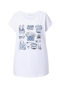 Bílý krátký rukáv tričko s modro-černou grafikou obuvi, tašek a kosmetiky v různých designech. Hladká textilie.