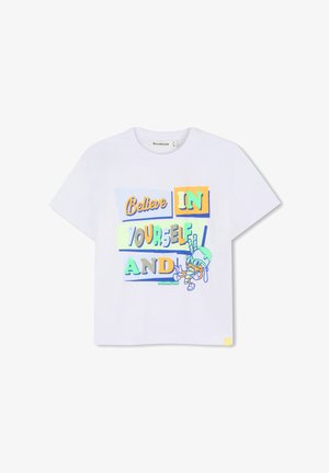 Biały bawełniany t-shirt z kolorowym napisem graficznym: "Uwierz W SIEBIE I" wraz z ilustracją postaci. Krótkie rękawy, luźny krój.