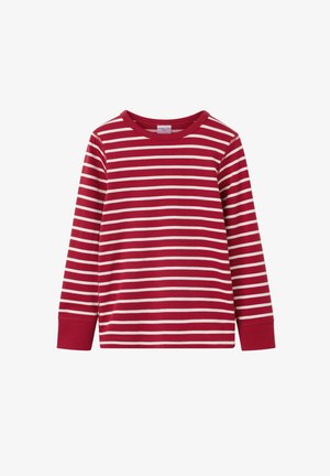 Rode lange mouw shirt met witte horizontale strepen, voorzien van een ronde hals en zachte stof. Mouwen met rechte snit bij de pols.