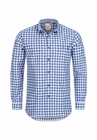 Blauw en wit geblokt overhemd met lange mouwen, knoopsluiting aan de voorkant, enkele borstzak, afgeronde boord, katoenen stof, met knoopmanchetten.