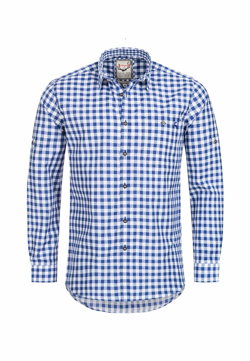 Blauw en wit geblokt overhemd met lange mouwen, knoopsluiting aan de voorkant, enkele borstzak, afgeronde boord, katoenen stof, met knoopmanchetten.
