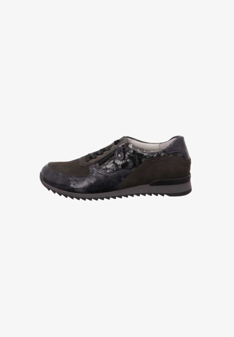 Black sneaker with a textured patent leather upper, suede accents, lace-up front, and a ridged rubber sole for traction.