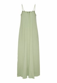 Abito maxi senza maniche di colore verde chiaro con spalline sottili e una leggera arricciatura, realizzato in un tessuto testurizzato.