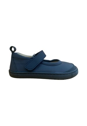 Zapato estilo Mary Jane de cuero navy con punta redondeada, tira de Velcro en el empeine y suela de goma texturizada.