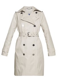 Beżowy trencz z dwurzędowym zapięciem, dużymi czarnymi guzikami, paskiem w talii oraz klapą z wycięciem. Miękki, gładki materiał.