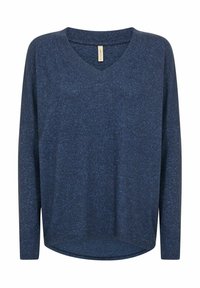 Bluza cu mâneci lungi, culoare bleumarin, cu decolteu în V, realizată dintr-o țesătură moale, având o textură melanj și tiv rotunjit, oferind un croi lejer.