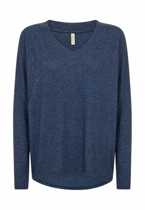 Dugih rukava tamnoplava majica s V-izrezom, izrađena od mekane tkanine, s meliranim uzorkom i zaobljenim rubom, pružajući opušteni kroj.