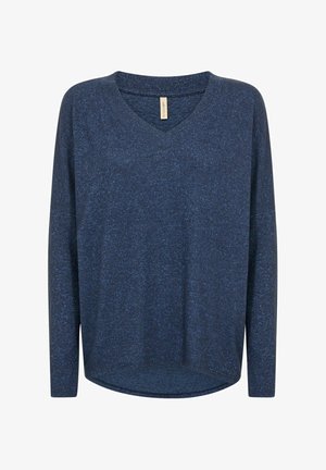 Top de manga larga azul marino con cuello en V, hecho de tela suave, con una textura jaspeada y un dobladillo redondeado, que ofrece un ajuste holgado.