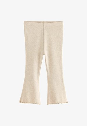 Leggings acampanados de canalé beige con una textura suave y dobladillo con picos. Fabricados con un material elástico, diseñados con una cinturilla elástica.