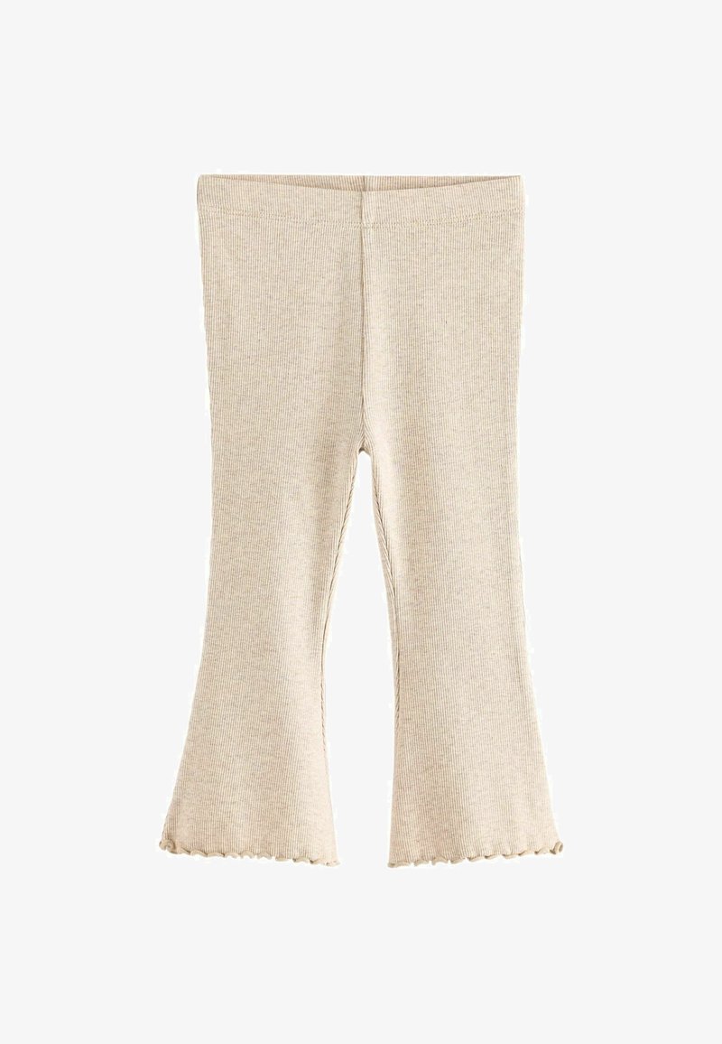 Beige geribde flare leggings met een zachte textuur en een gegolfde zoom. Gemaakt van rekbaar materiaal, ontworpen met een elastische tailleband.